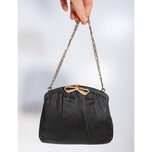 Vintage Black Satin Hand Bag Purse Clutch Evening Bag Metal Bow Rhinestones